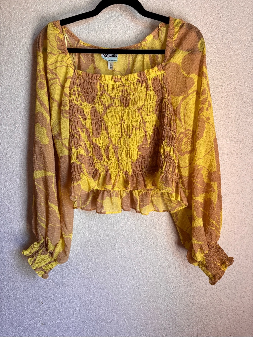 Smocked Floral Peasant Blouse in Yellow and Brown - Collective Concepts